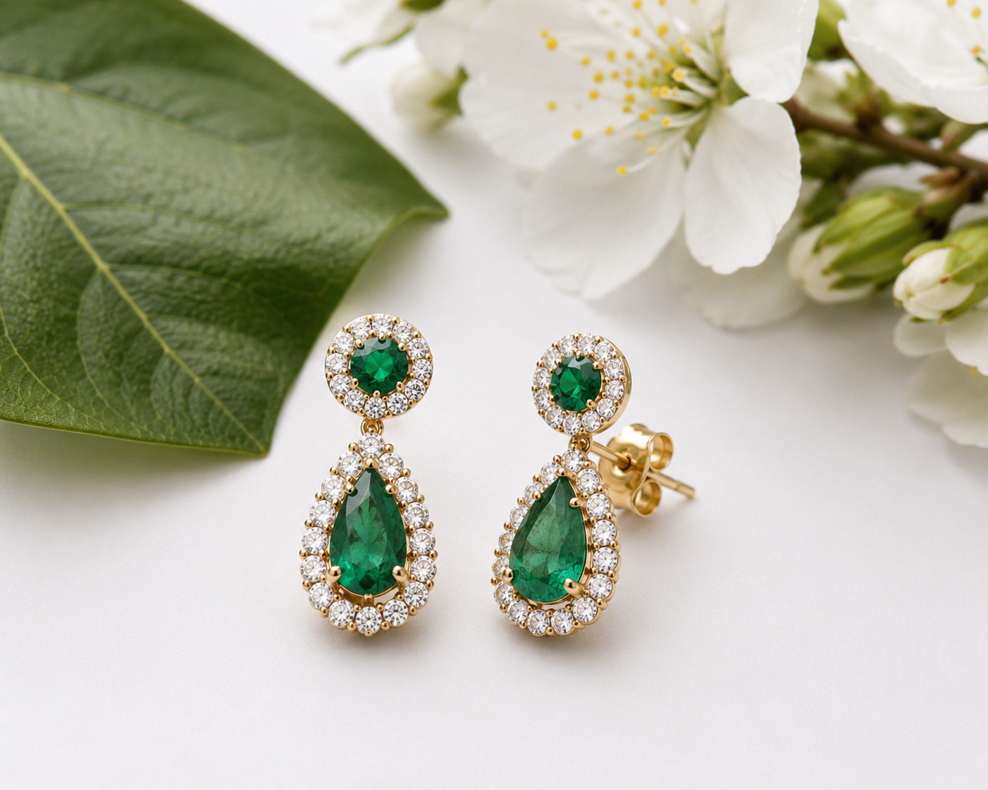 Aretes de oro con esmeraldas y diamantes